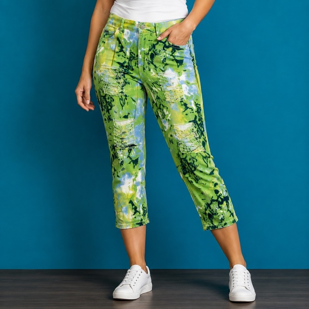 Ashley Stewart Women's 10 Tie Dye Pants Distressed Cropped Festival Y2K Bold NWT